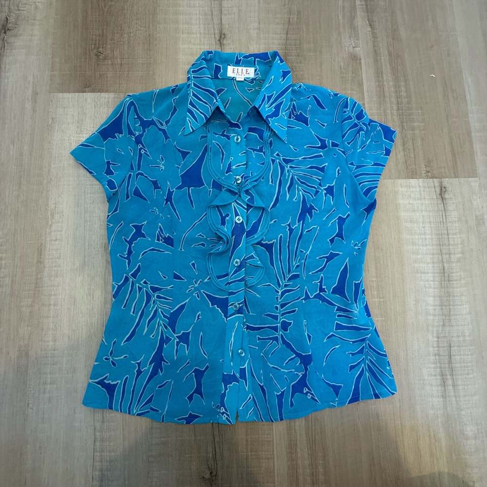 Vtg Y2K ELLE Paris Blue Tropical Ruffe Short Sleeve Blouse Size Small